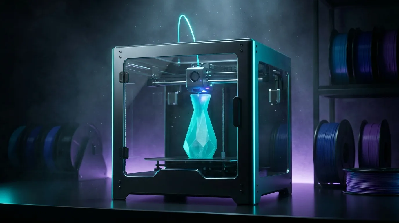 A 3D printer printing a part in a workshop
