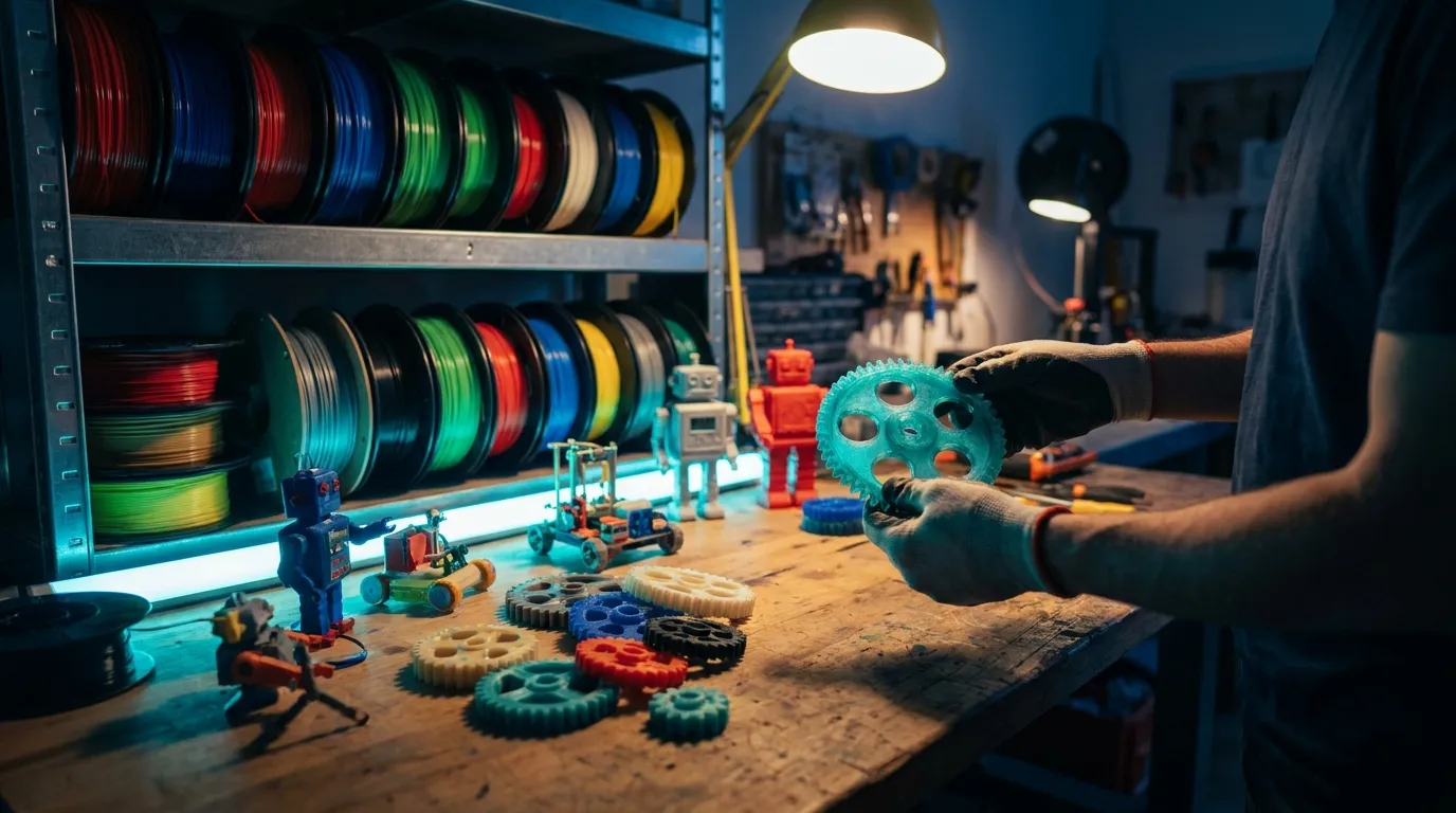 A 3D printing workshop with printed parts and filament spools